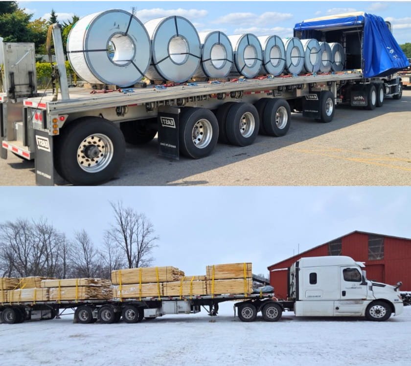 Five-axle Rolltite flatbeds and B-trains hauling steel coils across Canada